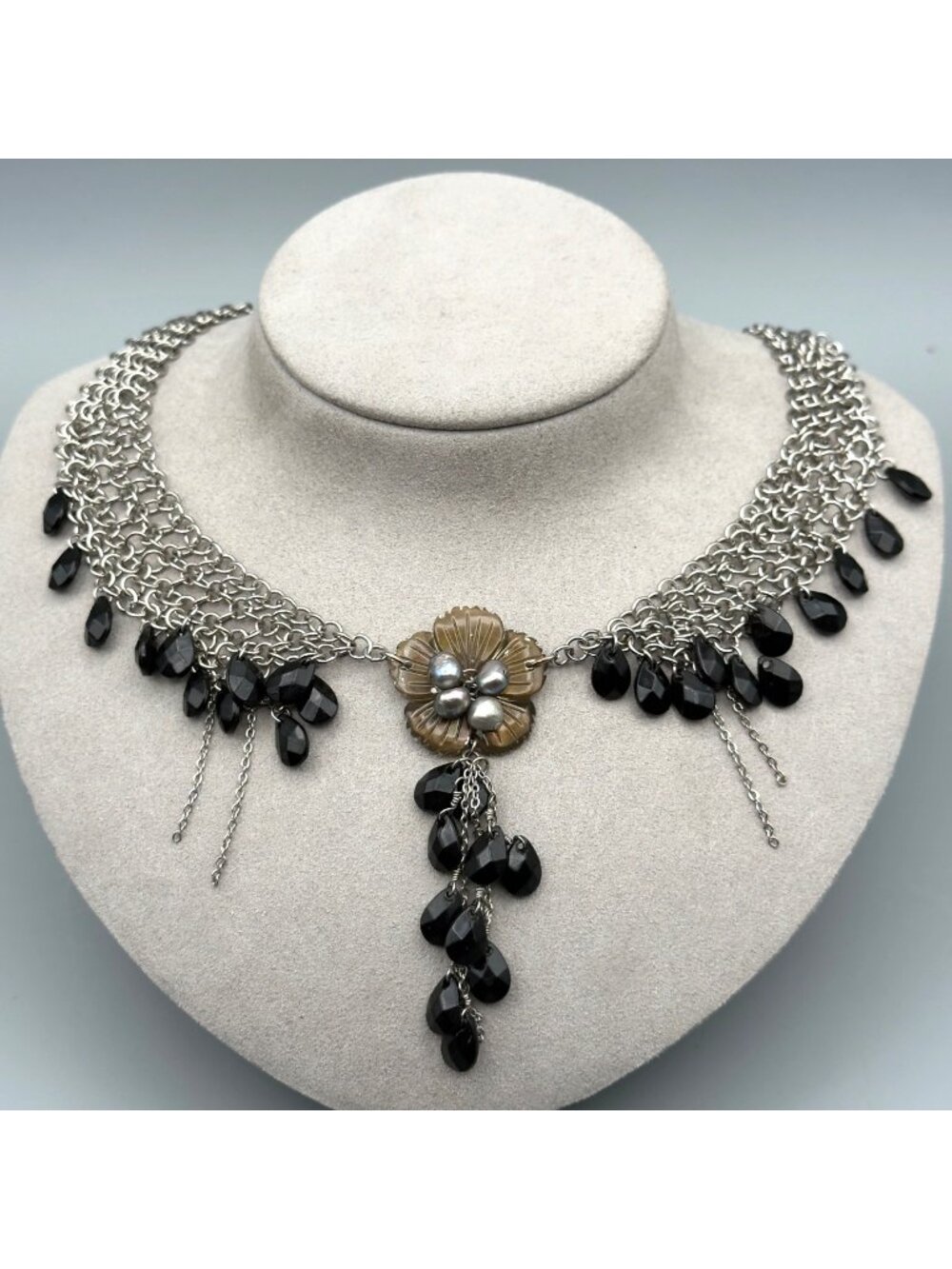 Statement Bib Fringe Necklace Black Faceted Drops Mother of Pearl Boho